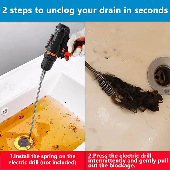 Drain Snake, Spring Drain Clog Remover with Electric Drill Connector, Durable Metal Drain Hari Cleaner Tool for Shower Kitchen Sink Bathroom Toilet Clogged Unclogger,1 Pcs 196.8 Inch 16.4 FT