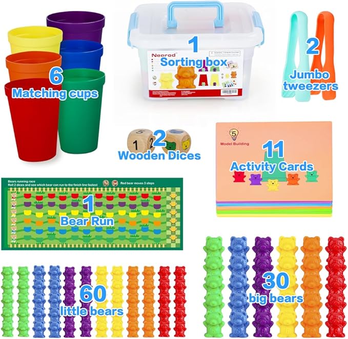NEOROD Counting Bears - 90 Pcs Color Sorting Toys for Toddlers 1-3 & Preschool Learning Toys with Stacking Cups,Math Manipulatives with 2 Tweezers, 2 Dices, 12 Activity Cards & Storage Container