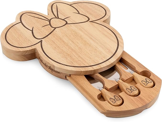 PICNIC TIME Disney Minnie Mouse Head Shaped Cheese Board with Tools, Parawood Charcuterie Board with Recessed Groove and Stainless Steel Utensils (Parawood)