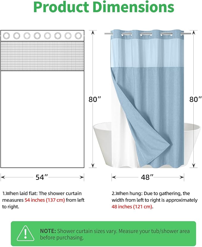 Stall No Hooks Needed Linen Textured Shower Curtain with Snap-in Fabric Liner Set,Hotel Luxury Decor Farmhouse Shower Curtains for Bathroom,Waterproof & Washable,54Wx80H,Fog Blue