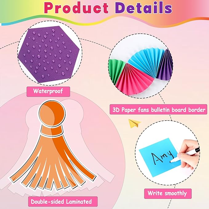 3D Colorful Bulletin Board Set 3D Paper Fans Border Classroom Decorations Motivational One Bright Bunch Bulletin Board Writable Shapes Paper Cutouts for Back to School Classroom Chalkboard Wall Decor