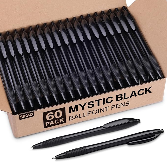 Pens Bulk, 60 Pack Black Gripped Slimster Ballpoint Pens Black Ink 1.0mm Medium Point Smooth Writing, Click Pens with Comfort Grip for Teachers, Students, Servers, School & Office Use