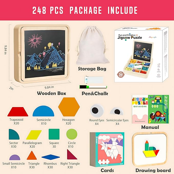 248 Pcs Wooden Magnetic Pattern Block Set with Cards, Pen & Storage Bag, Montessori STEM Tangram Puzzle Toys for Toddlers 4 5 6 7 8, Educational Brain Teaser Gift for Boys Girls