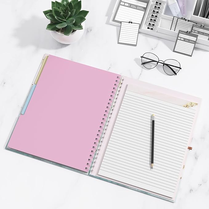 Rimilak Spiral Clipboard Folio with Refillable Lined Notepad, 14.5 x 9.8 In, Hardcover Cover with 5 Interior Pockets, Elastic Band and Pen Loop Series. Cute Stylish Clipfolio, Pink Gold Marble