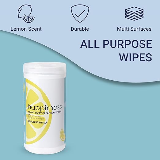 happimess WPE1002A All-Purpose Cleaning Wipes, Heavy Duty Multi-Surface Household Wipes for Kitchen and Bathroom, Fresh Lemon Scent, 100 Count