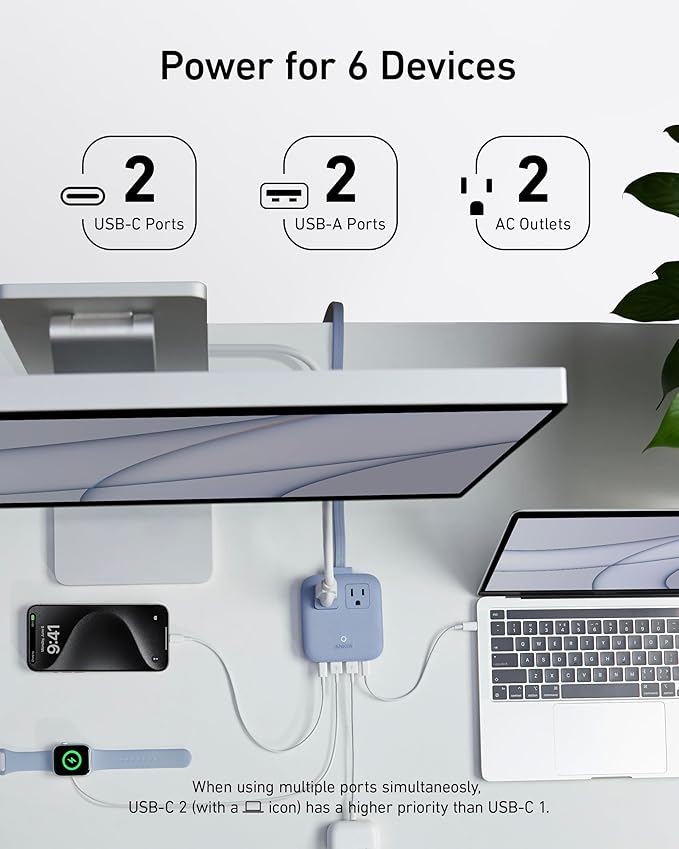 Anker Travel Power Strip, Anker Nano 67W Max 6-in-1 USB C Charger, 2 AC, 2 USB A and 2 USB C, 5ft Thin Undetachable Flat Plug Extension Cord with Multiple Outlets, Travel Essentials, Cruise Essentials