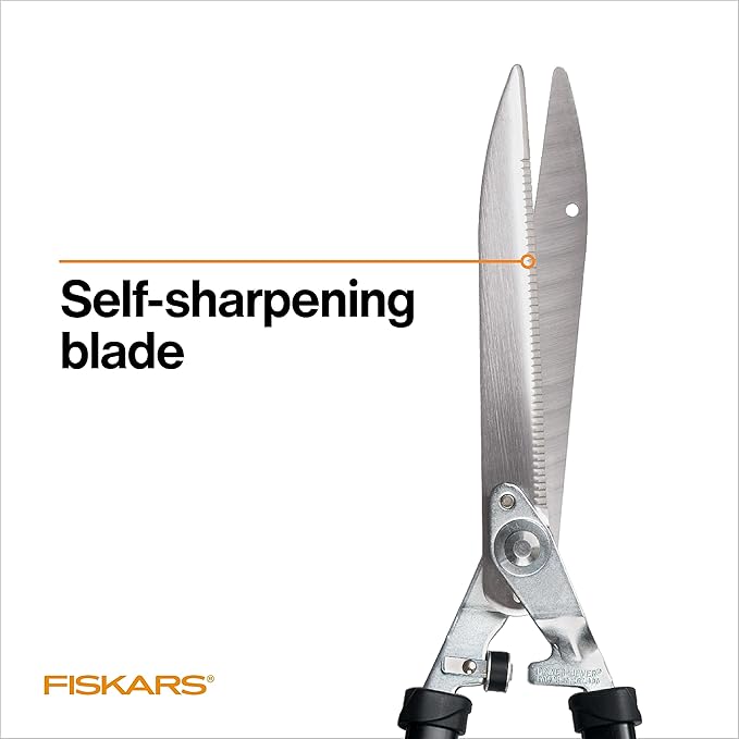 Fiskars Power-Lever Extendable Hedge Shears, Self-Sharpening Serrated Steel Blades for Clean Cuts, Handles Adjust 25"-33" for High Reach, Multiplies Leverage for 2x Power, 10" Blades, Orange/Black