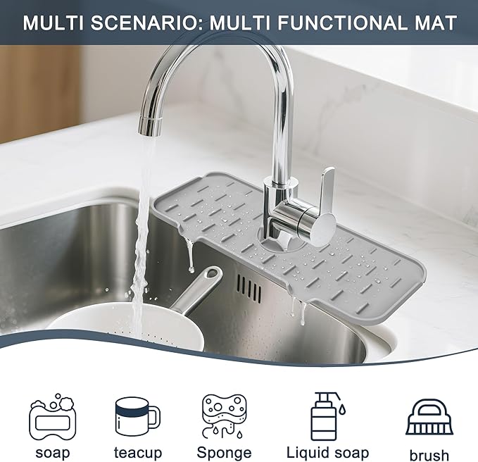 Kitchen Faucet Sink Splash Guard, Silicone Faucet Water Catcher Mat – Sink Draining Pad Behind Faucet, Grey Rubber Drying Mat for Kitchen