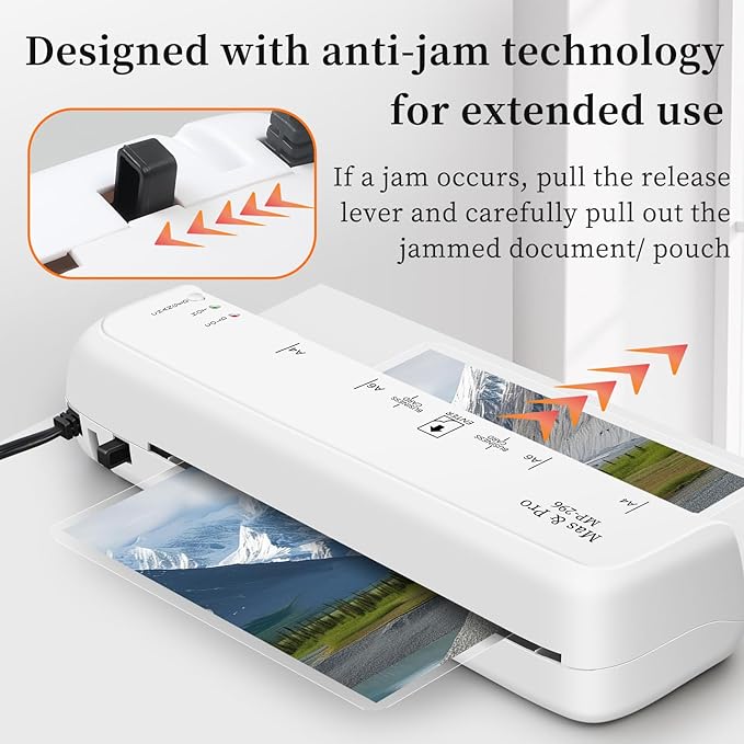 9 Inch Thermal Laminator Machine with 40 Laminating Sheets, 3-5mil, for A4, A5, A6, Photos, Small Personal Laminator for Home Office School use, Hot & Cold, 2-Roller, Anti Jam, White, by Mas & Pro