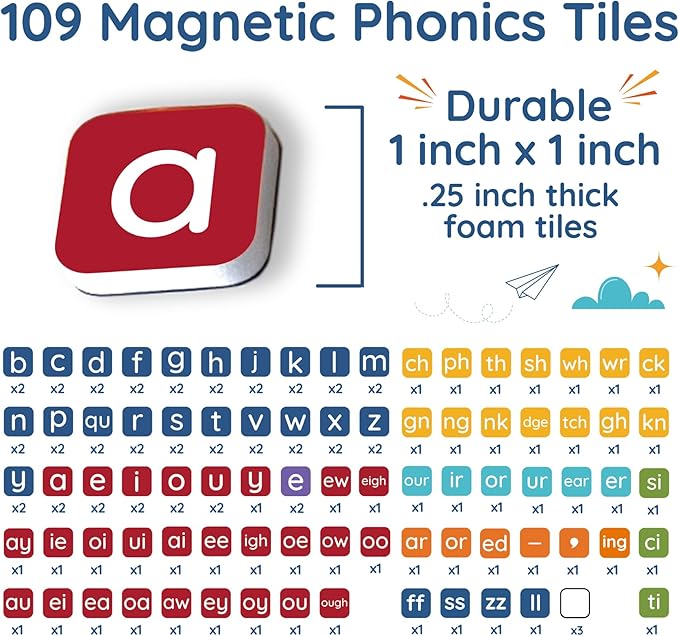 Learning Letters by Four Dublee - 109 Phonics Letter Tiles with Magnetic Spelling Board and Sound Boxes. Includes Letter Tiles Organizer Bags and Storage Box