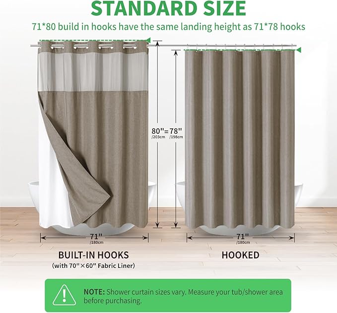 Long No Hooks Needed Linen Textured Shower Curtain with Snap-in Fabric Liner Set,Hotel Luxury Decor Shower Curtains for Bathroom,Waterproof & Washable,71Wx80H,Khaki/Tan