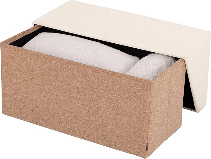 Seville Classics Cushioned Fabric Ottoman Hidden Storage Chest Footrest Chair, Padded Seat for Bedroom, Dorm, Loft, Living Room, Entryway, Hallway, Cork/Cream, 30" Bench