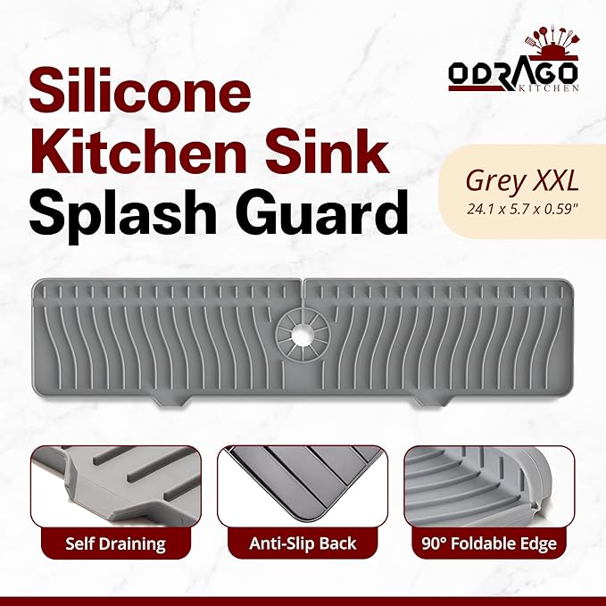 ODRAGO Silicone Kitchen Sink Splash Guard - 24.01 Inch Faucet Mat for Kitchen Sink Water - Longer Faucet Handle Drip Catcher Tray-Sink Guard for Kitchen Sink (Grey)