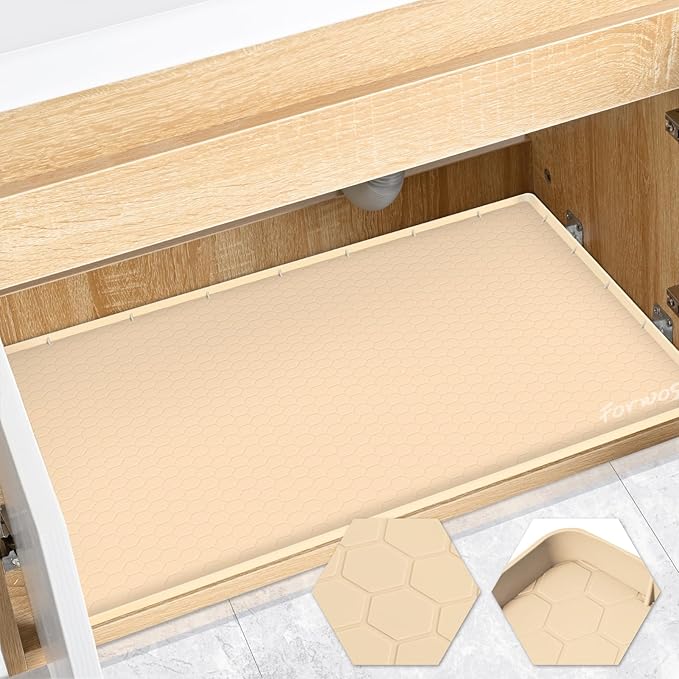 Waterproof Under Sink Mat 34" x 22", Silicone Cabinet Liner, Rubber Protector for Kitchen and Bathroom, Keeps Cabinets Clean, Dry, and Organized (Beige)