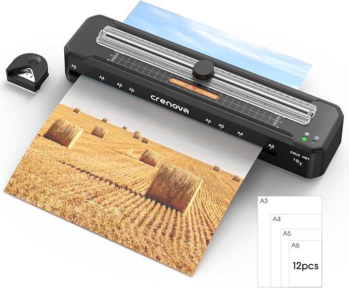 Crenova Laminator Machine with 12 Laminating Sheets, A3 Laminating Machine Hot & Cold with Trimmer Corner Rounder, Fast Warm Technology, 13-Inch Laminator for Home Office School Business (A3-12PCS)