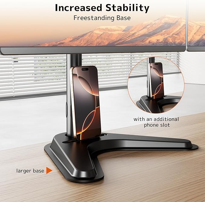 Triple Monitor Stand, Heavy Fully Adjustable Motion Mount Fits 3 Screens up to 27 inche, Free Standing Desk Stand with Base and Cable Management, 22 lbs Weight Capacity per Arm, Black