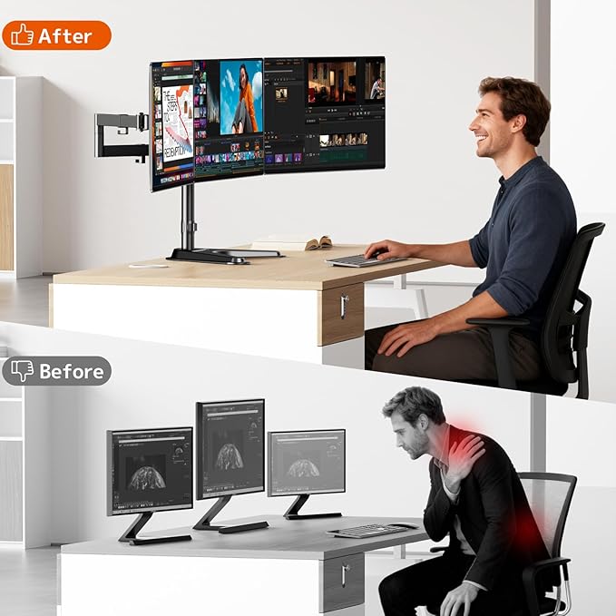 Triple Monitor Stand, Heavy Fully Adjustable Motion Mount Fits 3 Screens up to 27 inche, Free Standing Desk Stand with Base and Cable Management, 22 lbs Weight Capacity per Arm, Black