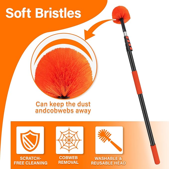 26FT Cobweb Duster with Extension Pole - High Reach Duster for High Ceilings & Outdoor Use - Telescoping Pole 5-20 Ft, Soft Bristles Cobweb Cleaner - 3/4" Acme Universal Thread