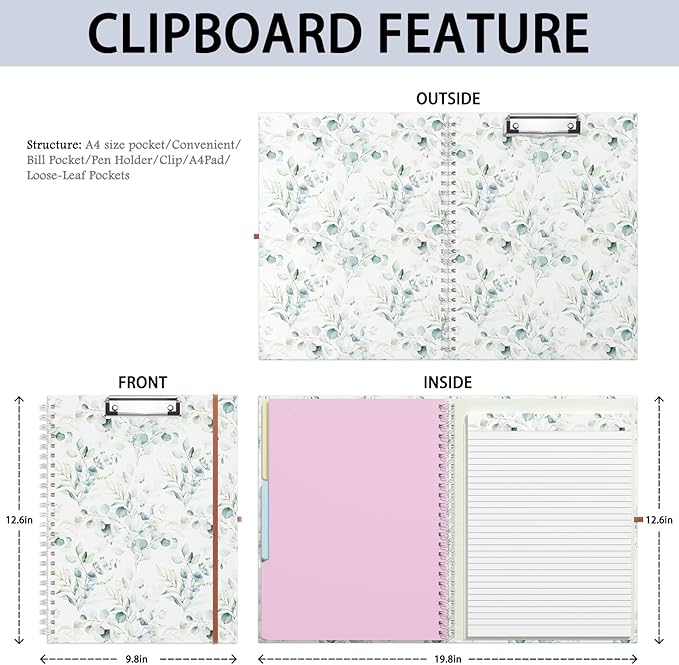 Rimilak Spiral Clipboard Folio with Refillable Lined Notepad, 14.5 x 9.8 In, Hardcover Cover with 5 Interior Pockets, Elastic Band and Pen Loop Series. Cute Stylish Clipfolio, Green Leaves