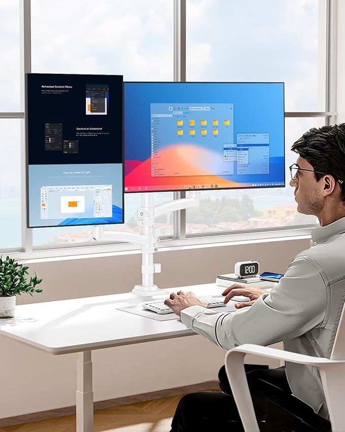 Dual Monitor Stand for Desk, Taller Monitor Arms for 2 Screens up to 32 inch, Ergonomic Adjustable Full Motion Double Computer Monitor Mount, Holds 4.4-22lbs, VESA 75/100mm, White, Freelift