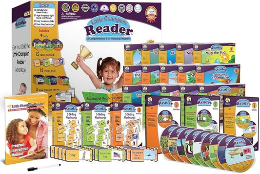 Early Reading Program for Baby, Toddler, Preschool, Kindergarten- Alphabet, Vowel Phonics & 200+ Sight Words - Little Champion Reader 9 DVD, Flash Card, Book Kit