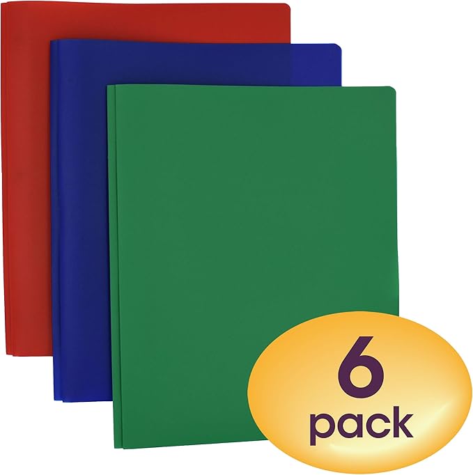 Smead Poly Two-Pocket Folder with Tang Style Fasteners, Letter Size, Assorted Colors, 6 per Pack (87745)