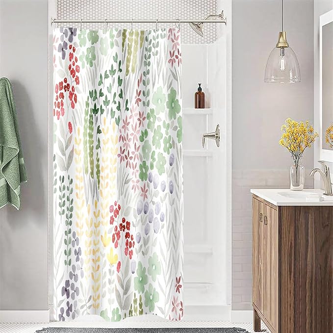 Small Stall Shower Curtain 36 x 72 Inch, Half Narrow Cute Floral Shower Curtain for Bathroom, Sage Green Wildflower Boho Cottagecore Fabric Shower Curtain Set with Hooks