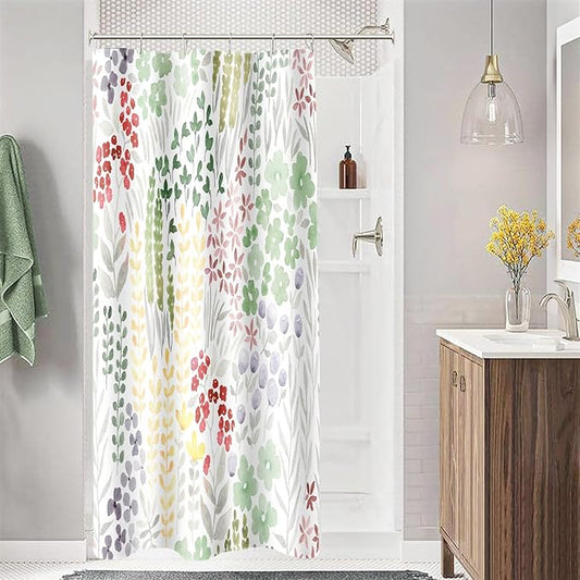 Small Stall Shower Curtain 36 x 72 Inch, Half Narrow Cute Floral Shower Curtain for Bathroom, Sage Green Wildflower Boho Cottagecore Fabric Shower Curtain Set with Hooks