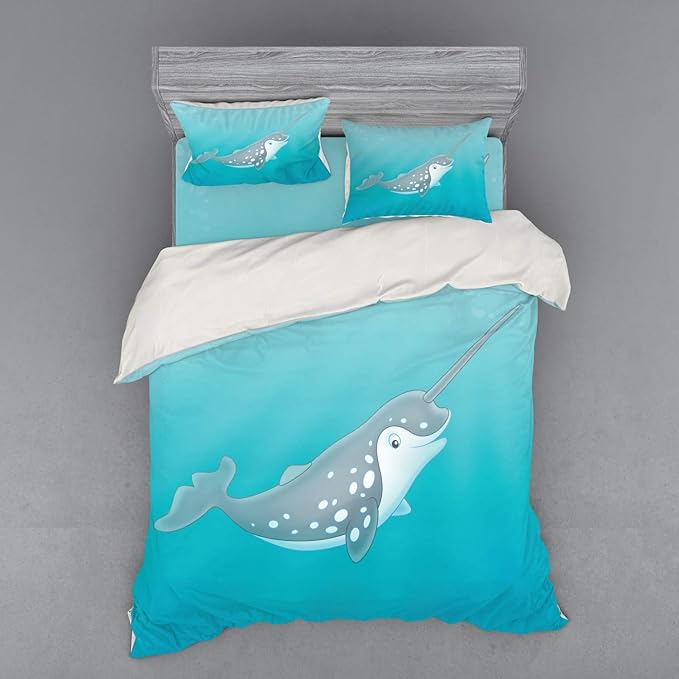 Ambesonne Narwhal Duvet Cover Set, Cartoon Style Drawing of an Arctic Narwhal Whale with White Spots Aquatic, 4 Piece Bedding Set with Shams and Fitted Sheet, Queen Size, Seafoam Grey White