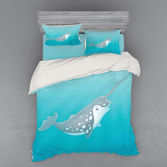 Ambesonne Narwhal Duvet Cover Set, Cartoon Style Drawing of an Arctic Narwhal Whale with White Spots Aquatic, 4 Piece Bedding Set with Shams and Fitted Sheet, Queen Size, Seafoam Grey White
