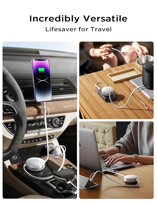LISEN 5-in-1 Fast Charging Retractable Cable for iPhone, iPad, Samsung - 60W Charger with USB-C/A Ports for Phones, Tablets, White