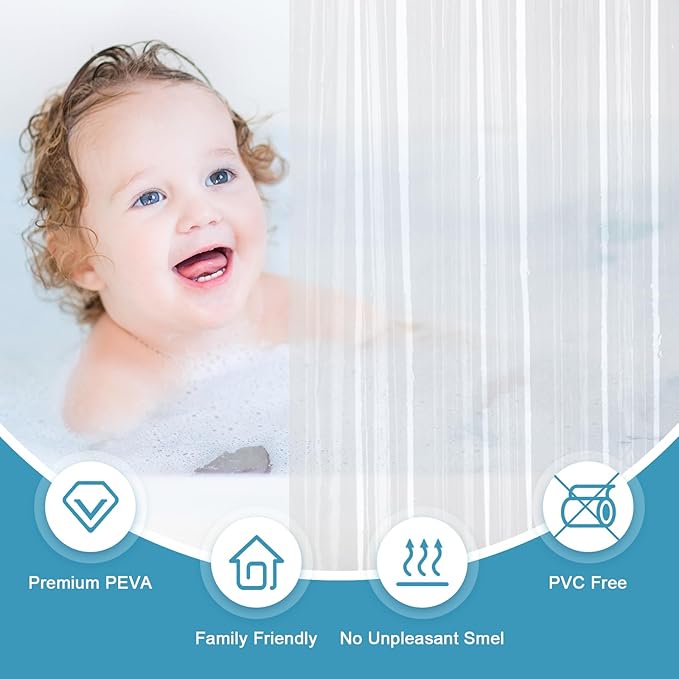 EurCross 72 x 88 inch Long Shower Curtain Liner, Bathroom Clear PEVA Plastic Long Shower Curtain 88 inch Long with 5 Magnets and 12 Hooks,Transparent