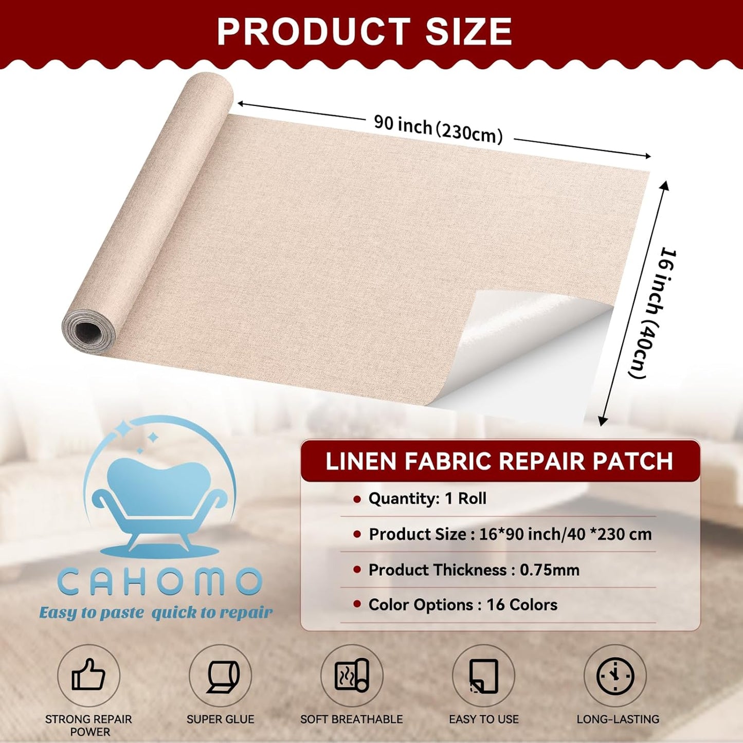 Linen Repair Tape 16x90 inch, Self Adhesive Fabric Patches, Linen Patch Tape Kit, Fabric Repair Tape for Couch Sofas, Headboards, Chairs, Pillows, Curtains, Couches - Dark Grey