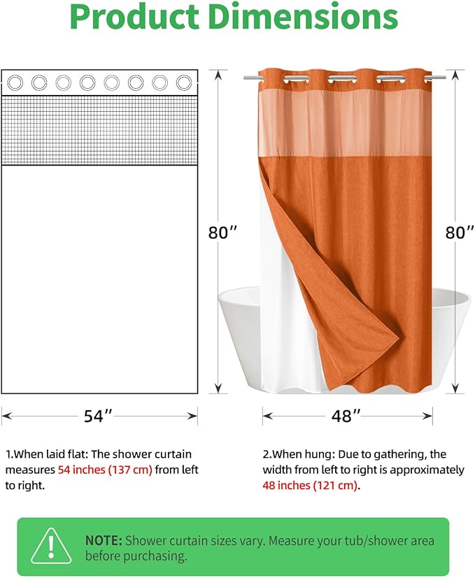 Stall No Hooks Needed Linen Textured Shower Curtain with Snap-in Fabric Liner Set,Hotel Luxury Decor Farmhouse Shower Curtains for Bathroom,Waterproof & Washable,54Wx80H,Burnt Orange
