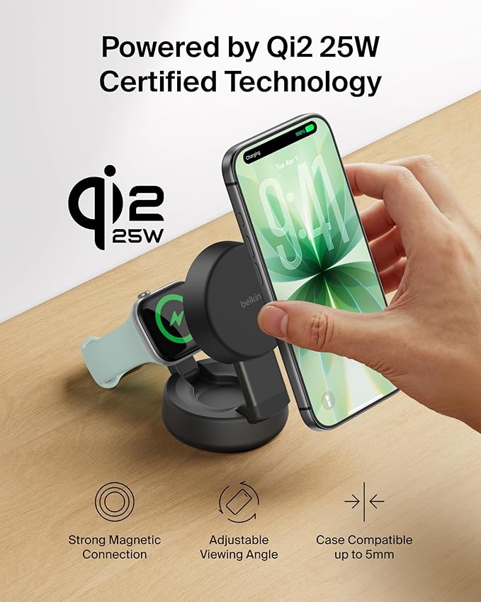 Belkin MagSafe Charger Compatible, 2-in-1 Wireless Charging Station, Qi2.2 25W Convertible Magnetic Charger for iPhone 17, Apple Watch Series 10, Google Pixel 10, and More (45W Adapter Included)