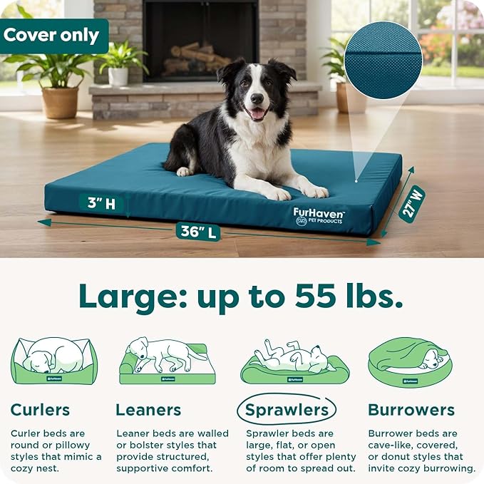 Furhaven Replacement Dog Bed Cover Water-Resistant Indoor/Outdoor Logo Print Oxford Polycanvas Mattress, Washable - Deep Lagoon, Large
