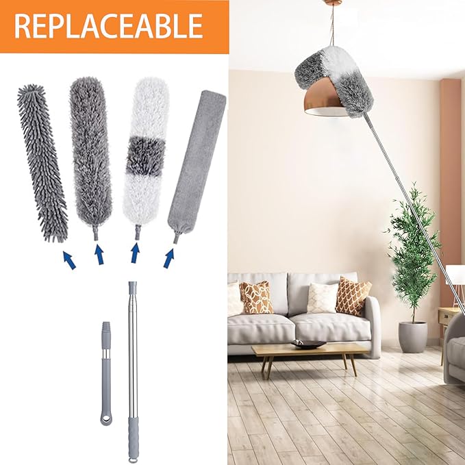 Microfiber Feather Duster Kit, 9PCS Dusters for Cleaning with 100-inch Extendable Pole, Bendable Reusable Washable Cobweb Duster for High Ceilings and Fans, Blinds, Cars and Furniture