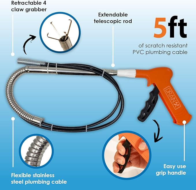 Pistol Grip Grabber Claw, Drain Clog Pickup Snake, Remove Hair and Clogs from Sink, Shower, Tub, Toilet Drains, 5-Ft