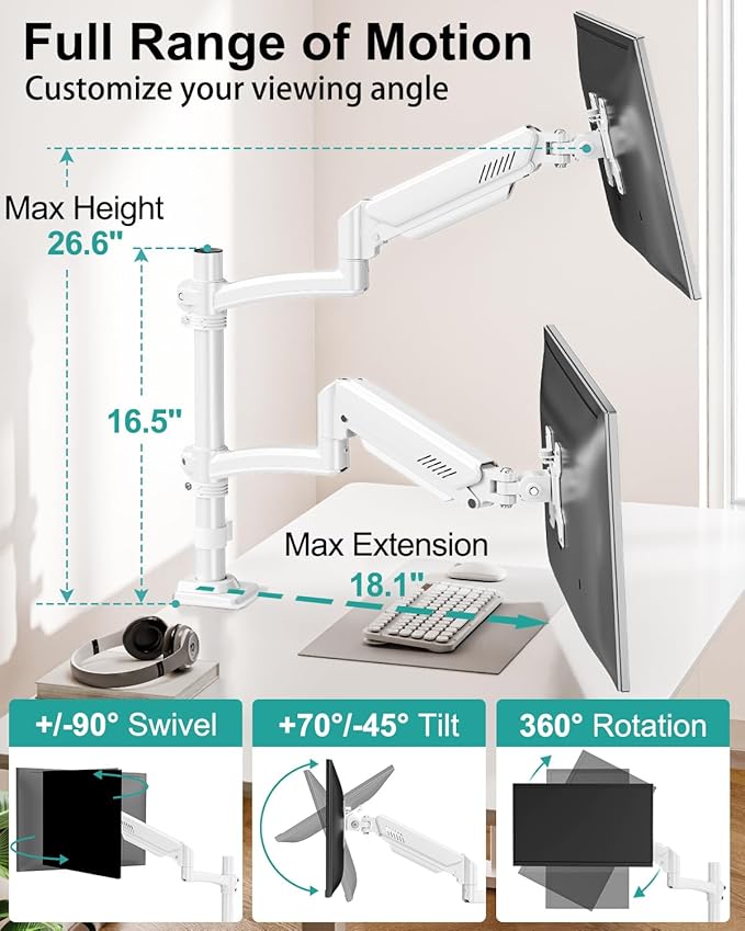 Dual Monitor Stand for Desk, Taller Monitor Arms for 2 Screens up to 32 inch, Ergonomic Adjustable Full Motion Double Computer Monitor Mount, Holds 4.4-22lbs, VESA 75/100mm, White, Freelift