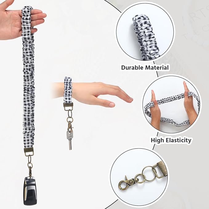 Marspark 2 Set Scrunchie Lanyards with 4 Card Holders for ID Badges and Keys Cute Stretchy Scrunchie Neck and Wrist Lanyards for Teacher Women Nurses School Office Supplies(Black White,Checked)