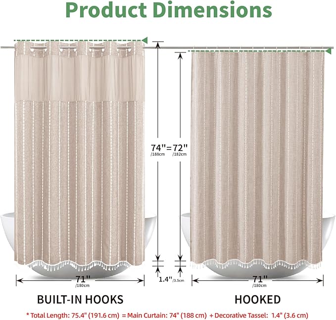 Boho Farmhouse No Hook Shower Curtain Set with Snap-in Fabric Liner,Heavy-Duty Linen Textured Rustic Striped Design,Water-Repellent with Tassels and Sheer Window,Tan/Taupe,71x74