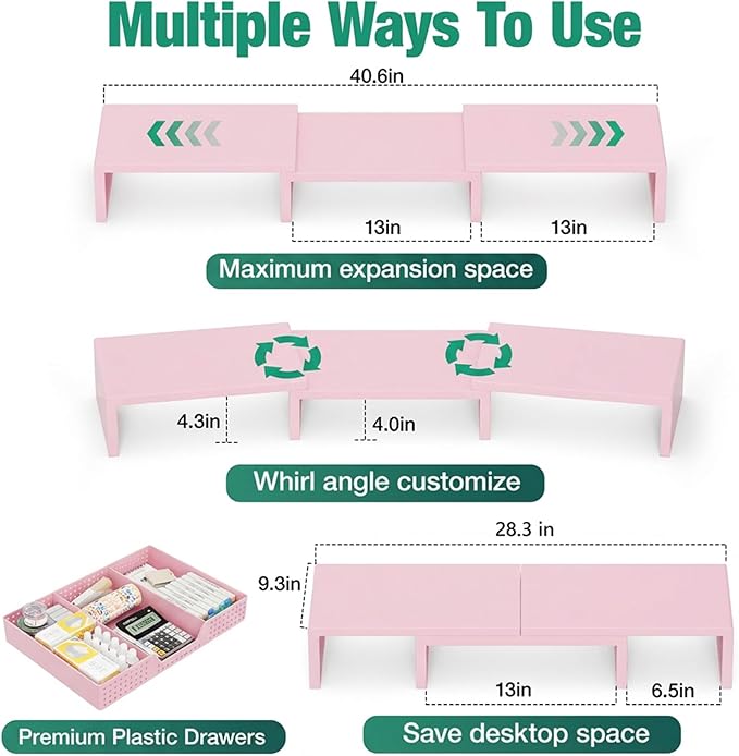 OPNICE Desk Organizers and Accessories, Dual Computer Monitor Stand Riser with Drawer, Office Decor for Women, Office Desk Accessories & Workspace Organizers, Pink