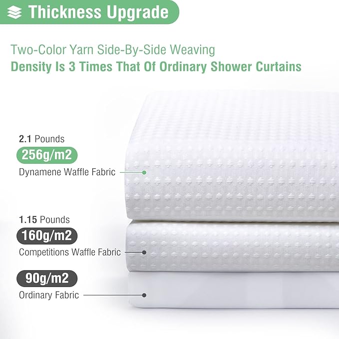 Dynamene Long White Fabric Shower Curtain - Waffle Textured Tall Heavy Duty Cloth Shower Curtains for Bathroom, 256GSM Large Hotel Spa Luxury Bath Curtain Set with 12 Plastic Hooks(72Wx80H, White)
