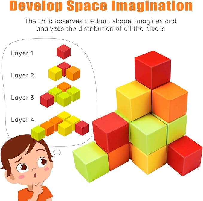 Wooden Cube Toy 16PCS Building Blocks for Kids 40 Pattern Cards and Storage Pouch, 4 Colors 3D Space Stacking Game STEM Educational Preschool Learning Sensory Toy Counting Math Color Cognition