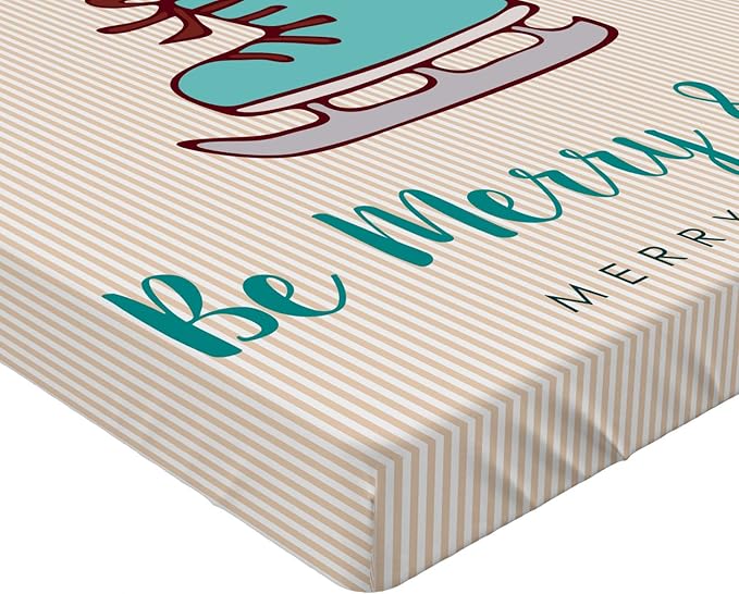 Ambesonne Christmas Fitted Sheet, Merry Calligraphy with Little Fox in Ice Skate Boot Heart on Stripes, Bed Cover with All-Round Elastic Deep Pocket for Comfort, Full Size, Beige Seafoam and Amber