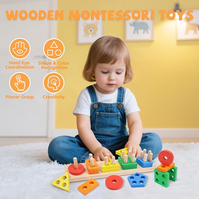 Montessori Toys for 1 2 3 Year Old - Wooden Baby Stacking Toys Sensory Educational Shape Sorter Color Sorting Toy for Toddlers 1-3, Preschool Learning Birthday Gifts for Baby Girls Boys Kids