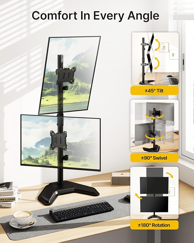 monTEK Stable Stacked Dual Monitor Stand, Heavy-Duty Vertical Monitor Mount for 17-32 inch Screen, Full Motion Arm with Tilt, Swivel, Rotation, Up to 22 lbs per Arm, Solid V-Shaped Base, VESA 100×100