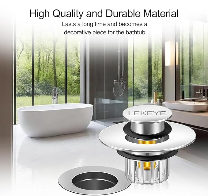 LEKEYE Tub Stopper | Shower Drain Hair Catcher | Pop-up Drain Stopper with Strainer | Bathroom Bathtub Plug | Drain Protector for 1-1/2 to 1-3/4" Bath Drain Hole - Pearl Chrome