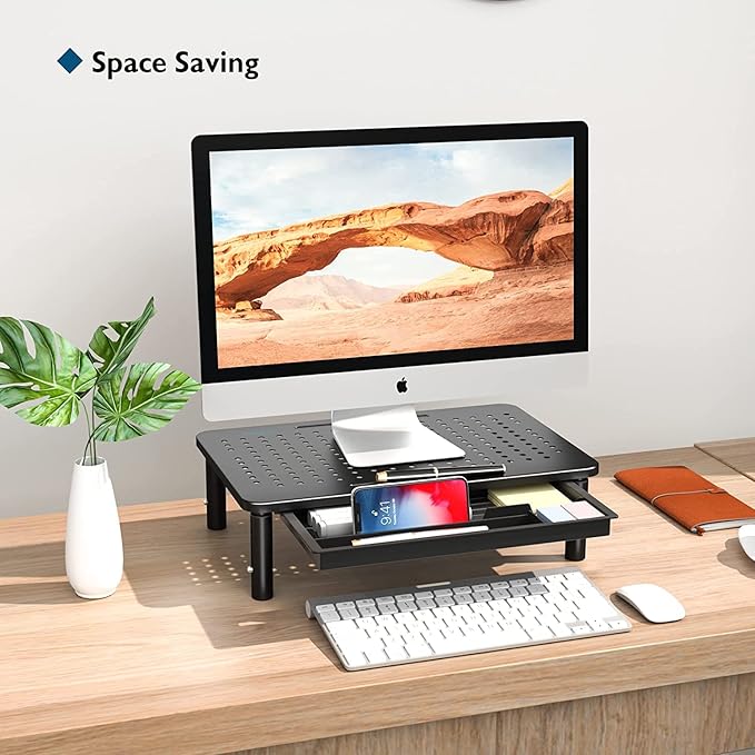 BONTEC 2 Pack Adjustable Monitor Stand Riser with Drawer, Ergonomic Mesh Platform Computer Monitor Stand for Desk, Ventilated Laptop and PC Stand with Cable Management, Supports up to 44lbs
