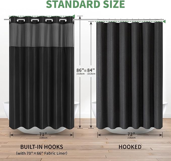 Extra Long No Hook Shower Curtain with Snap-in Fabric Liner Set,Black Waffle Weave Shower Curtains for Bathroom,Hotel Luxury Decor Bathroom Curtain Set,Waterproof & Washable,71Wx86H